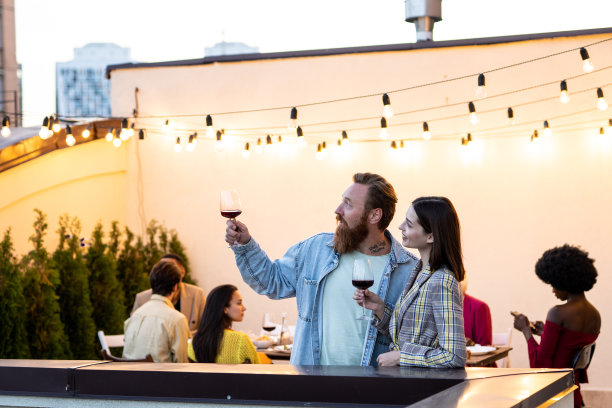 家人和朋友在屋顶露台上庆祝晚餐图片下载