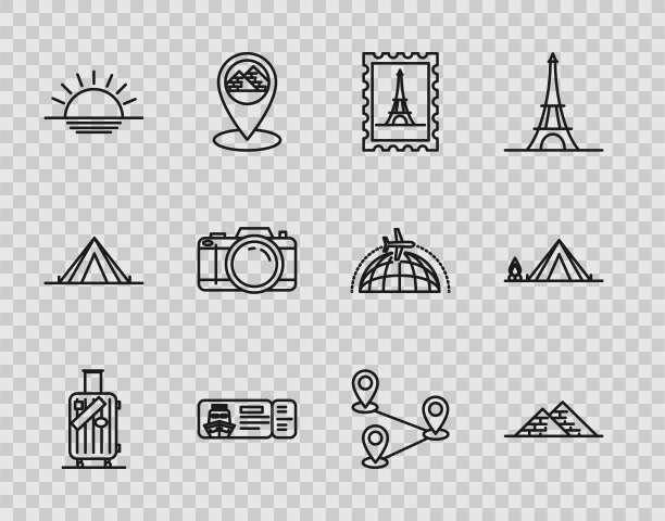 旅行箱、贴纸、埃及金字塔、邮政邮票、艾菲尔铁塔、邮轮船票、日落、摄影、路线定位、带木火图标的旅游帐篷。向量图片下载