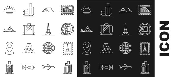 集邮资、邮票、埃菲尔铁塔、环球飞行、旅游帐篷、贴纸、柴火、日落和图标于一体。向量图片下载