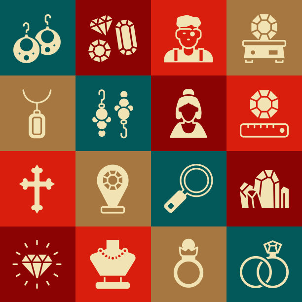 集结婚戒指，宝石，珠宝商，耳环，吊坠项链，和顾问的珠宝店图标。向量图片下载