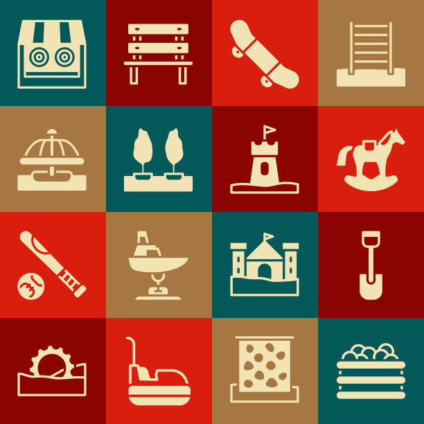 设置台球，铲子玩具，马在马鞍秋千，滑板技巧，森林，景点旋转木马，射击场和沙塔图标。向量图片下载