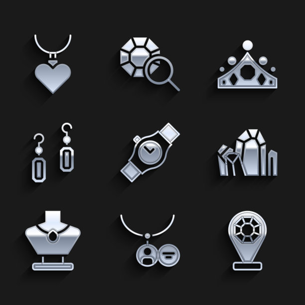 设置腕表，吊坠项链，珠宝店，宝石，项链人体模型，耳环，国王王冠和心形吊坠图标。向量图片下载