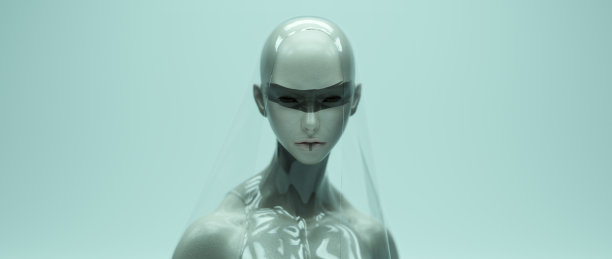 女人阿凡达脸黑色条带脸漆化妆闪亮黑色未来主义外星人透明塑料顶和面纱科幻概念图片下载