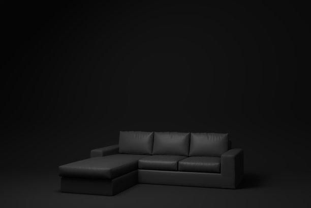 黑色现代沙发床上的黑色背景。最小的概念的想法。单色。渲染渲染。图片下载