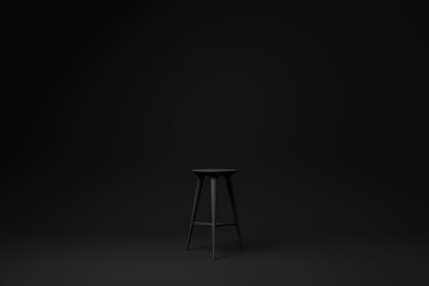 黑色现代酒吧凳子上的黑色背景。最小的概念的想法。单色。3 d渲染。图片下载