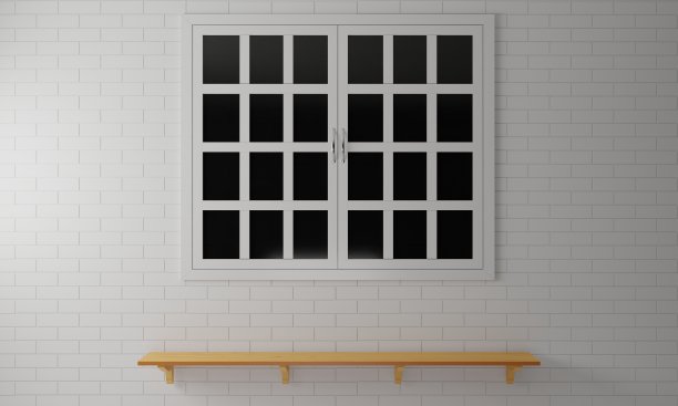 白色砖墙上的木架和白色窗户。3 d渲染。图片下载