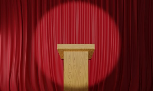 木质的公告台和木制舞台上的红色窗帘。3 d渲染。图片下载