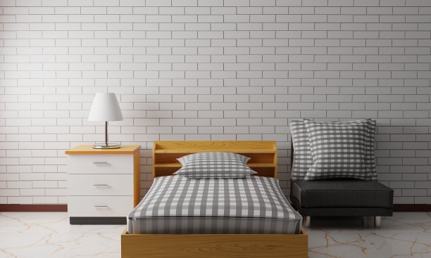 卧室里的床和木制抽屉柜。3 d渲染。图片下载