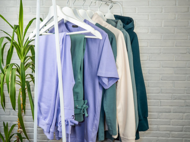 淡紫色和绿色的t恤，运动裤，运动衫。不同颜色的女装、青年服装挂在衣架上。白色砖墙。图片下载