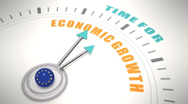 经济增长的时间到了。欧盟旗帜。3D渲染图片下载