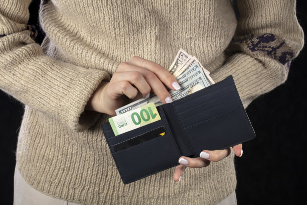 女人手里拿着一个装着欧元和美元的棕色钱包。图片下载