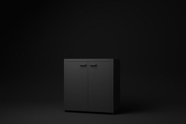 黑色的床头柜或储物柜在黑色的背景。最小的概念的想法。单色。3 d渲染。图片下载