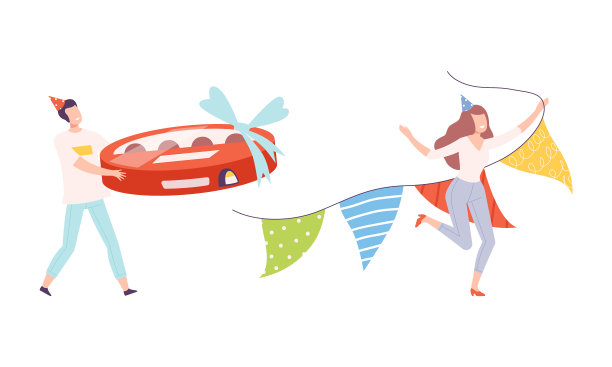 男人和女人戴着生日帽扛着大盒子图片下载