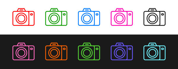 设置线照片相机图标孤立于黑色和图片下载