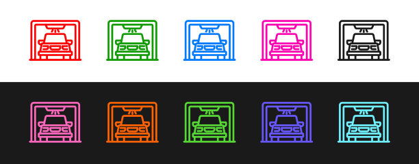 设置行洗车图标孤立在黑色和白色图片下载