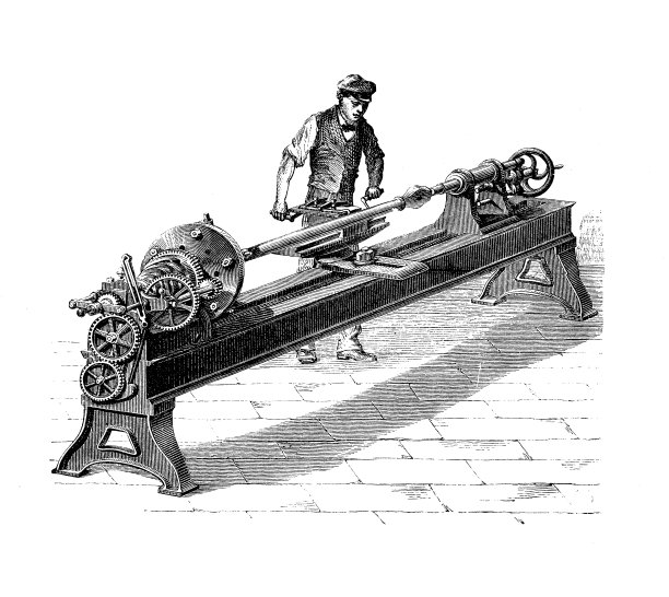 平行车床，一个主轴轴承几个不同尺寸的砂轮同时操作，19世纪雕刻图片下载