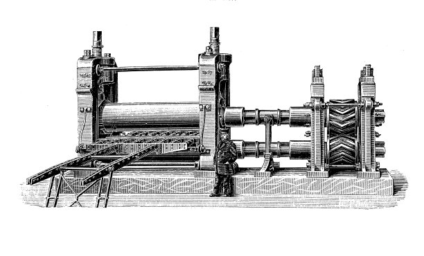 工业机械:两个辊磨机用来粉碎材料在两个辊之间的加工，最终产品到其最终目的地，雕刻19世纪图片下载