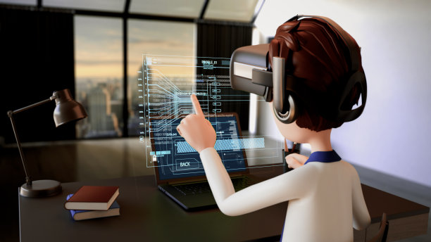 在办公室里使用虚拟现实技术进行信息分析全息图的人。图片下载