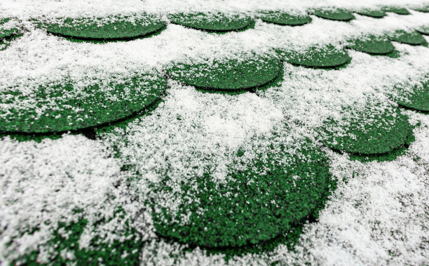 冬天的绿色屋顶，雪花落在瓦片上图片下载