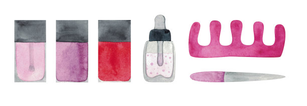 水彩美甲套装。美容院，指甲，指甲油在一个孤立的白色背景。手绘设计元素孤立在白色的沙龙，水疗中心，杂志，商店图片下载