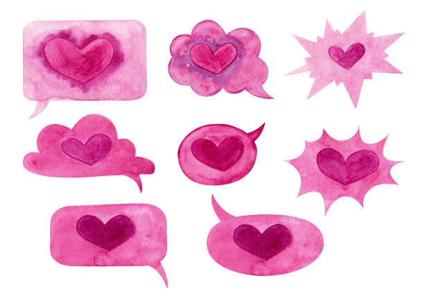 可爱的粉红色心形，圆润明亮的言语形状。象征着赞美，浪漫，“我爱你”的话语。Handdrawn水彩绘画图片下载