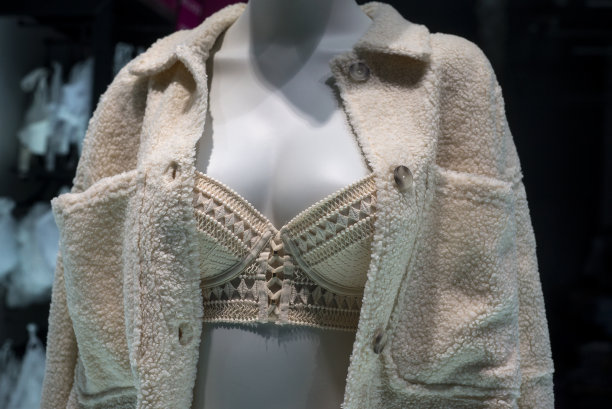 时装店陈列室里，模特穿着米色胸罩和蓬松睡衣图片下载