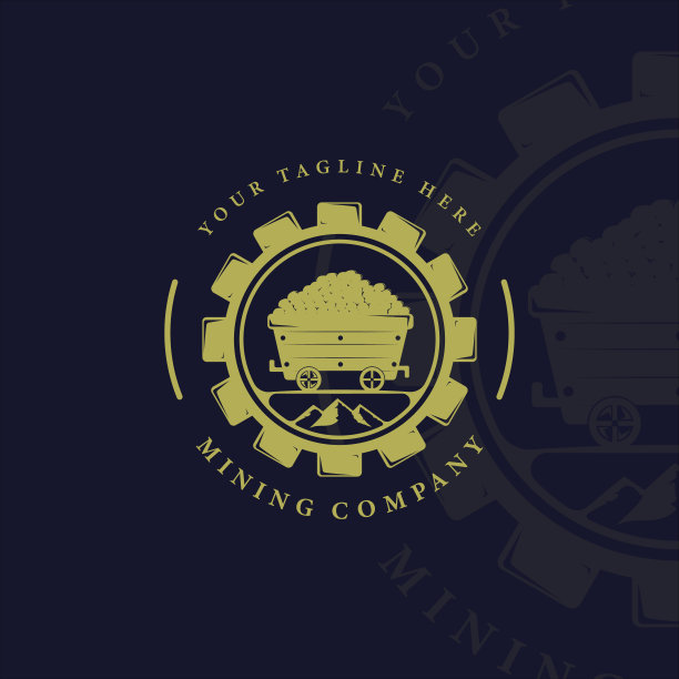采矿车标志矢量复古插图模板设计。齿轮标志矢量矿山公司。工具或设备采矿标志插图设计图片下载