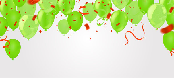 生日邀请横向问候，邀请卡或传单和气球绿色庆祝背景与五彩纸屑。向量图片下载