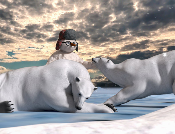 雪人和可爱的熊。喜欢冬天。图片下载