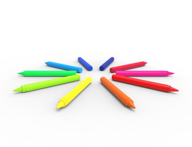 在白色背景上隔离的多个蜡笔的3D渲染。图片下载