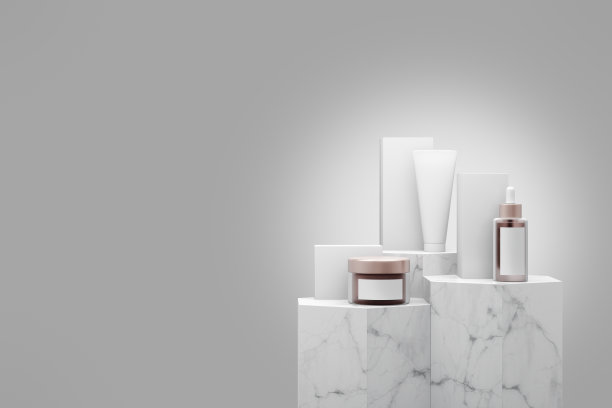 化妆品在六边形块台阶白色大理石讲台与彩色背景在豪华工作室场景。图片下载