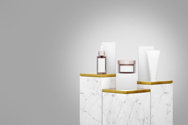 化妆品立方台阶白色大理石讲台和金属金色顶部与彩色背景在豪华工作室场景。图片下载