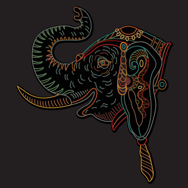 矢量装饰幻想华丽的印度大象头部剪影。手绘涂鸦草图。深色轮廓细线，民族装饰在黑色的背景上。t恤打印。蜡染的油漆。书的封面图片下载
