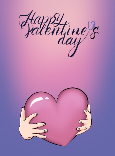 情人节浪漫的卡片，手牵着心。非常漂亮，紫色和淡粉色的颜色。图片下载