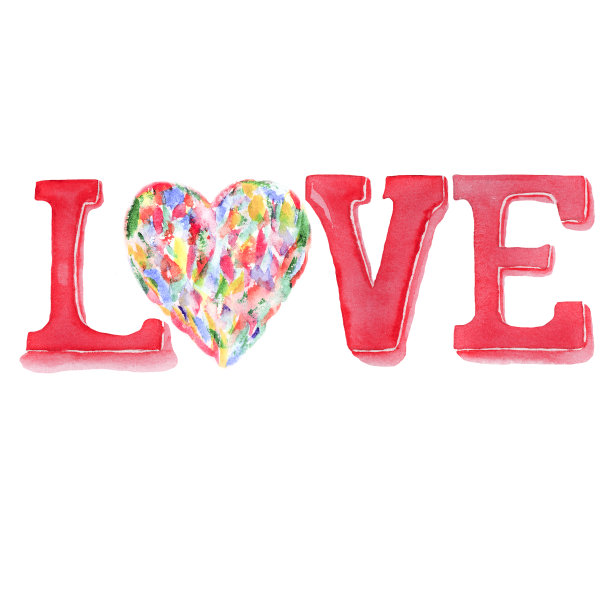 水彩爱情字与彩色的心，艺术水彩爱情字在红色的色调为情人，背景，浪漫的标题。图片下载