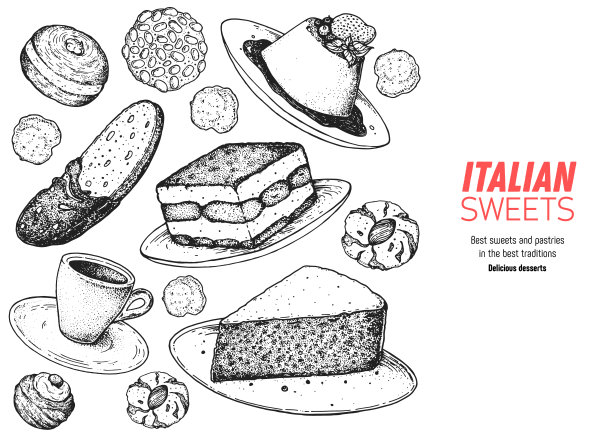 意大利甜点矢量插图。意大利甜手绘素描。烘焙集合。复古设计模板。意式奶冻，提拉米苏，bombolone，意大利奶油蛋糕，意大利脆饼，披萨饼插图。图片下载