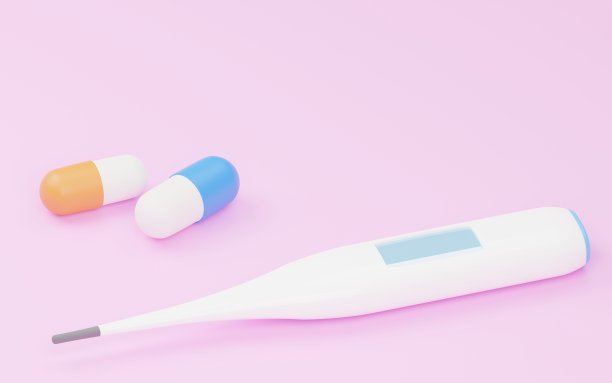 3DCG温度表和解热药，蓝橙胶囊，等距图片下载