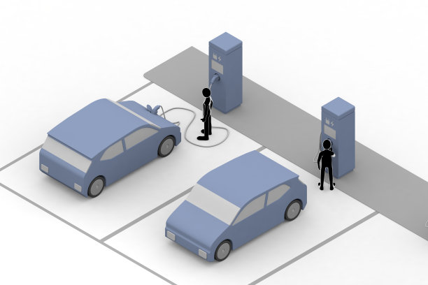 电动汽车和充电器。电动汽车和充电架正在充电。使用安装在道路上的充电点。图片下载