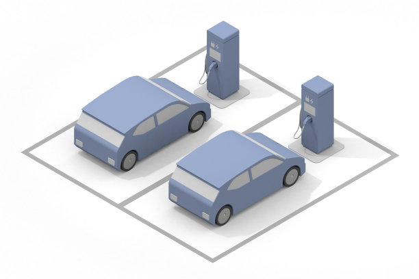 电动汽车和充电器。电动汽车和充电架正在充电。使用安装在道路上的充电点。图片下载