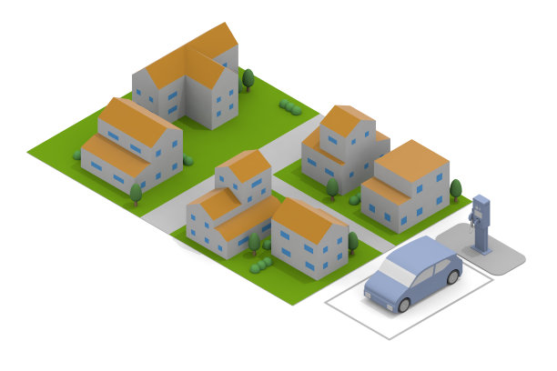 给电动汽车充电。一个充电器安装在路边。从充电架上给电池充电。一辆考虑自然环境的汽车。图片下载