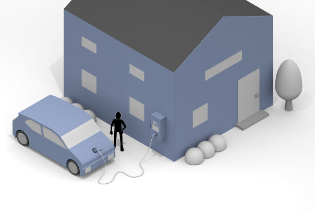 给电动汽车充电。一个充电器安装在路边。从充电架上给电池充电。一辆考虑自然环境的汽车。图片下载