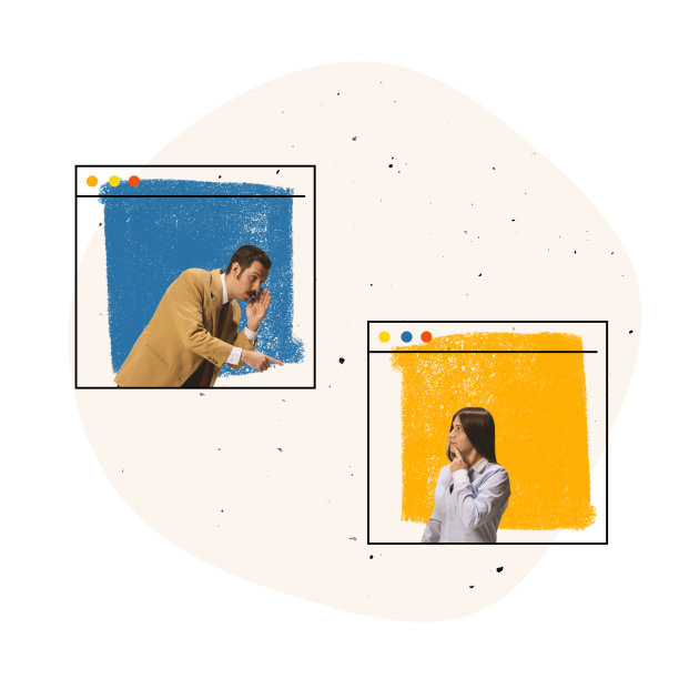 当代艺术拼贴。两名雇员，一男一女，在电脑屏幕上通过互联网进行在线交流图片下载