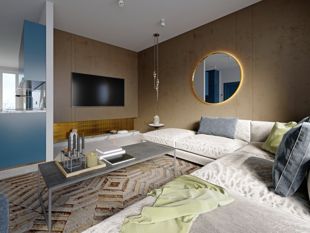 一套单间公寓，厨房家具是蓝色的，墙壁是白色的，墙壁是棕色的，客厅里有一张软沙发和扶手椅，还有一个电视区。图片下载