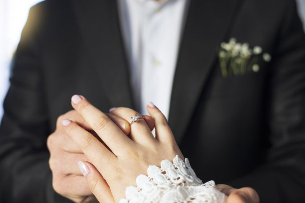 新婚夫妇在他们的婚礼上戴着结婚戒指。图片下载