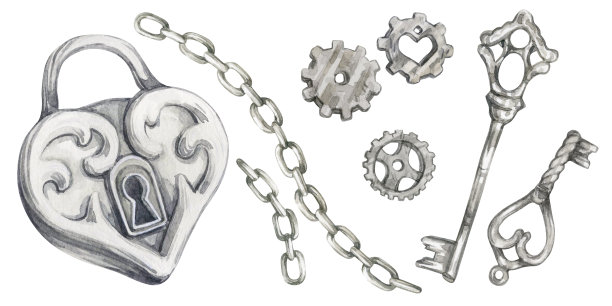 一套水彩插图的复古心形锁，银钥匙，齿轮和链条孤立在白色。图片下载