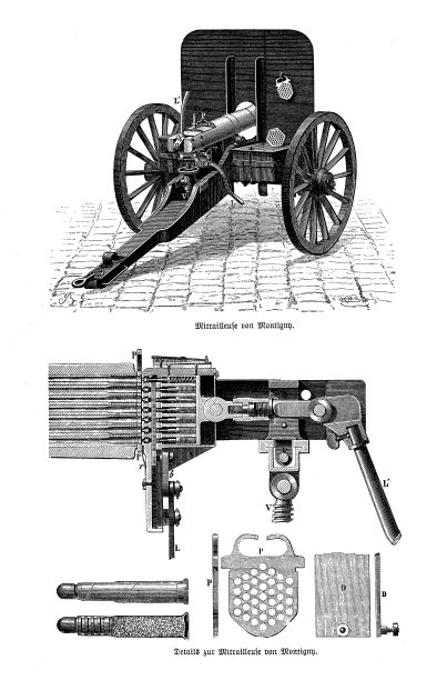 Montigny mitrailleuse，比利时曲柄操作机枪，安装在由Joseph Montigny(1859-1870)开发的火炮车上，配备多管齐射炮，配有详细说明图片下载