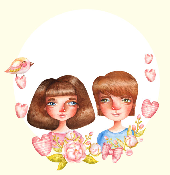 可爱的蓝眼睛女孩和男孩手绘水彩画。复古风格。为情人节和婚礼设计爱情人物。孤立的白色背景。图片下载