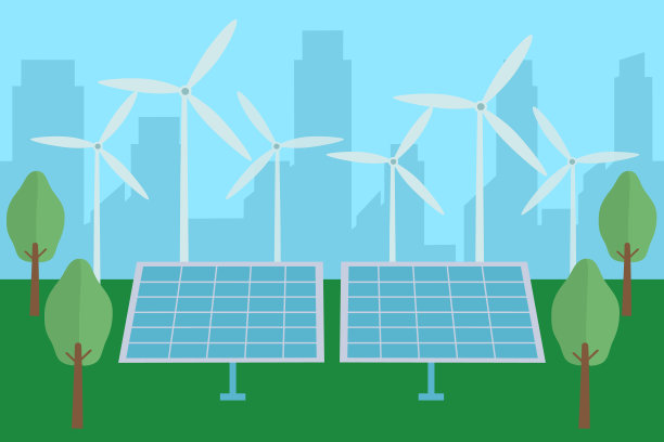 清洁能源概念与太阳能电池板和风力涡轮机。图片下载