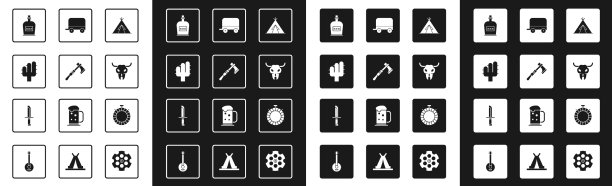 设置印第安帐篷或棚屋战斧斧仙人掌图片下载