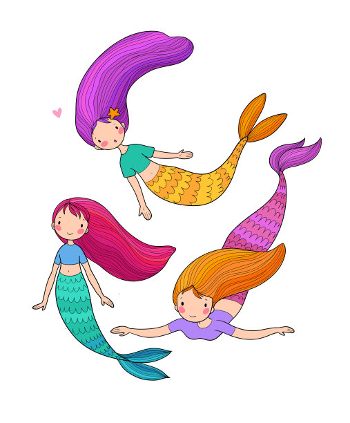 可爱的卡通美人鱼。塞壬。海的主题。矢量插图。美丽的卡通女孩有一条鱼尾巴。图片下载